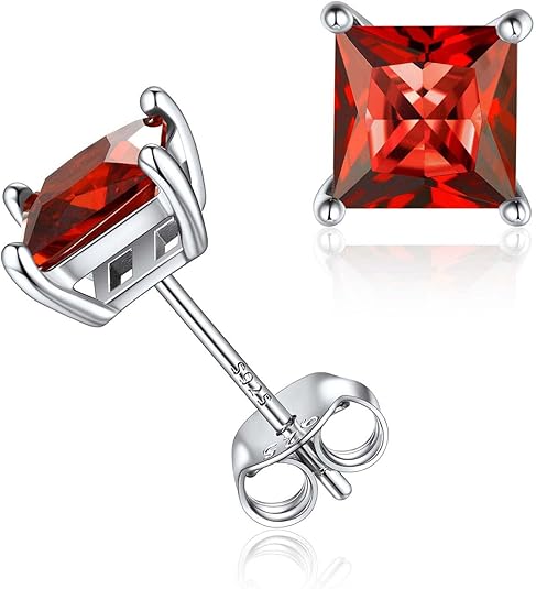 Minimalistiniai princess cut rubinas auskarai (smeigtukai) | Baltas auksinis