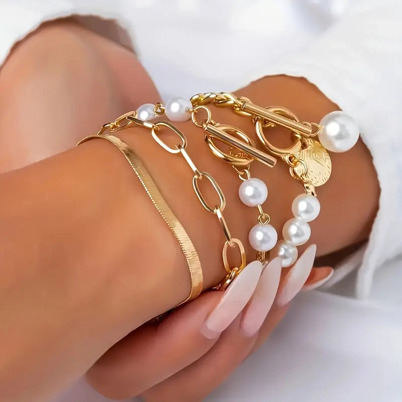 Chic auksinis 4-piece apyrankių rinkinys - snake, pearls & links | Auksinis