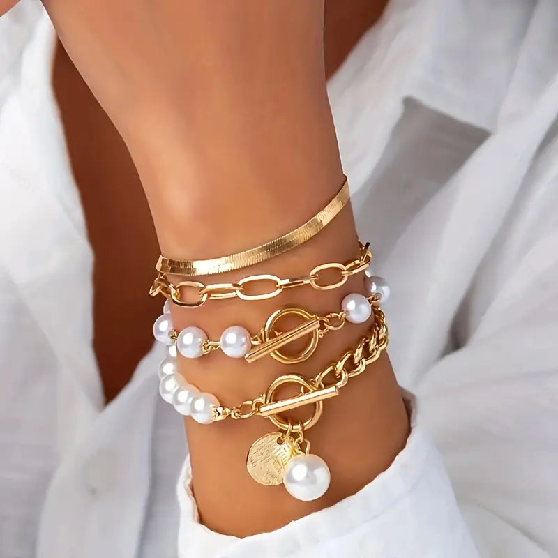 Chic auksinis 4-piece apyrankių rinkinys - snake, pearls & links | Auksinis