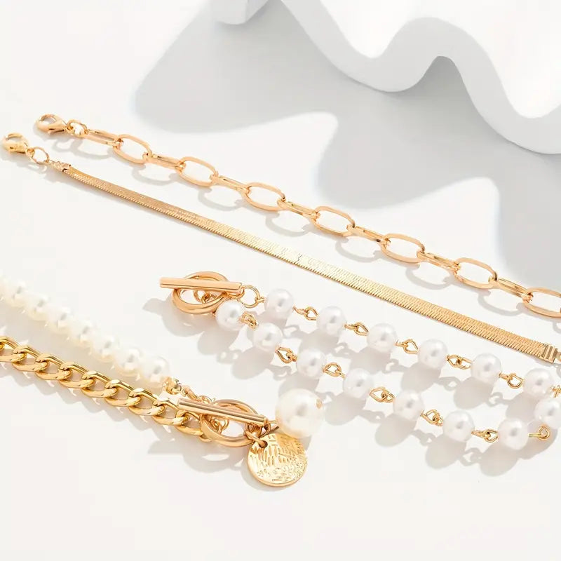 Chic auksinis 4-piece apyrankių rinkinys - snake, pearls & links | Auksinis