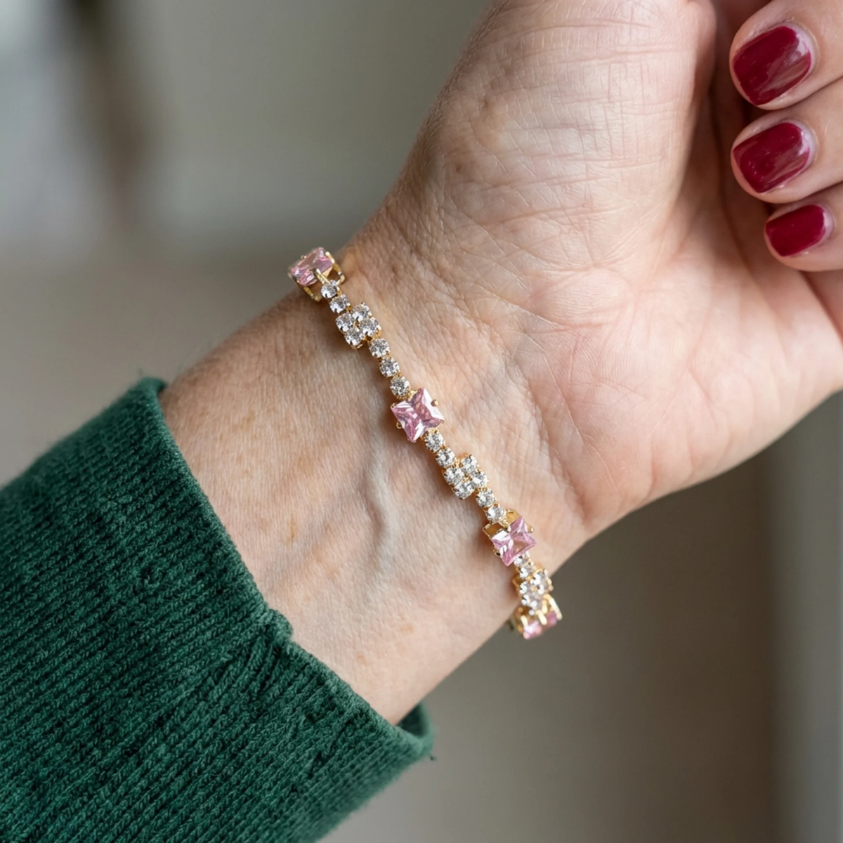 Auksinė teniso apyrankė „Blush Squares“ apyrankė