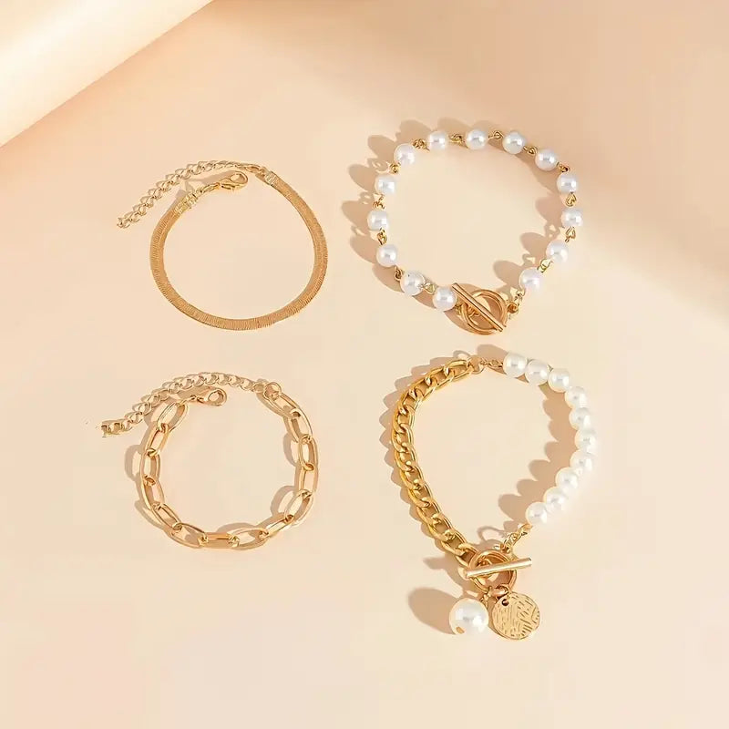 Chic auksinis 4-piece apyrankių rinkinys - snake, pearls & links | Auksinis