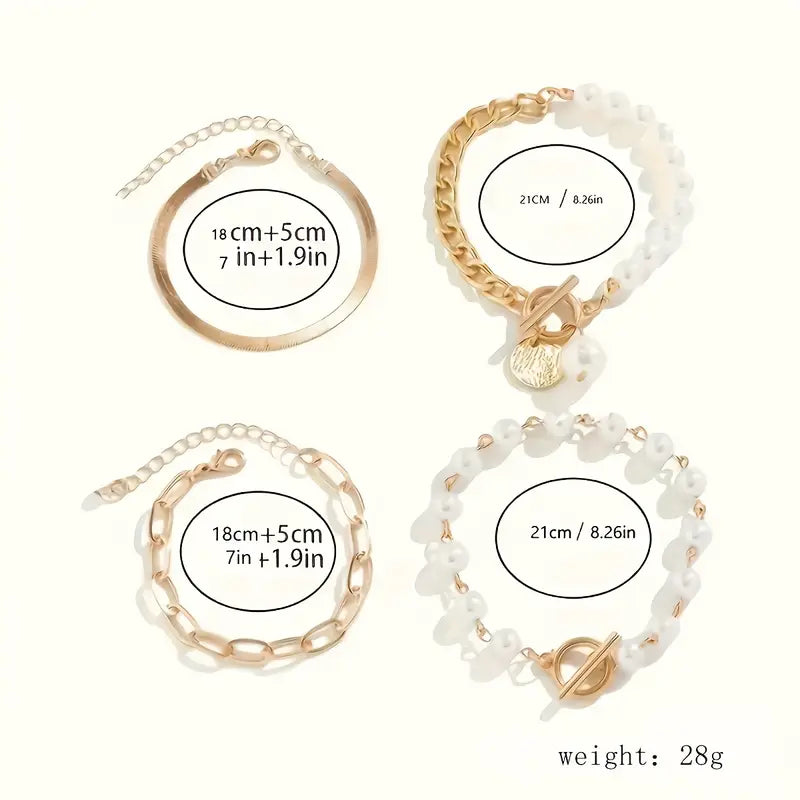 Chic auksinis 4-piece apyrankių rinkinys - snake, pearls & links | Auksinis