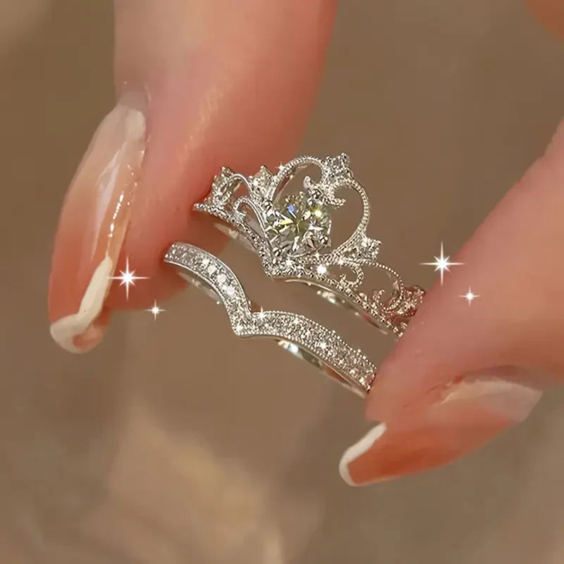 Shiny karūna sidabrinis žiedų rinkinys | Baltas auksinis
