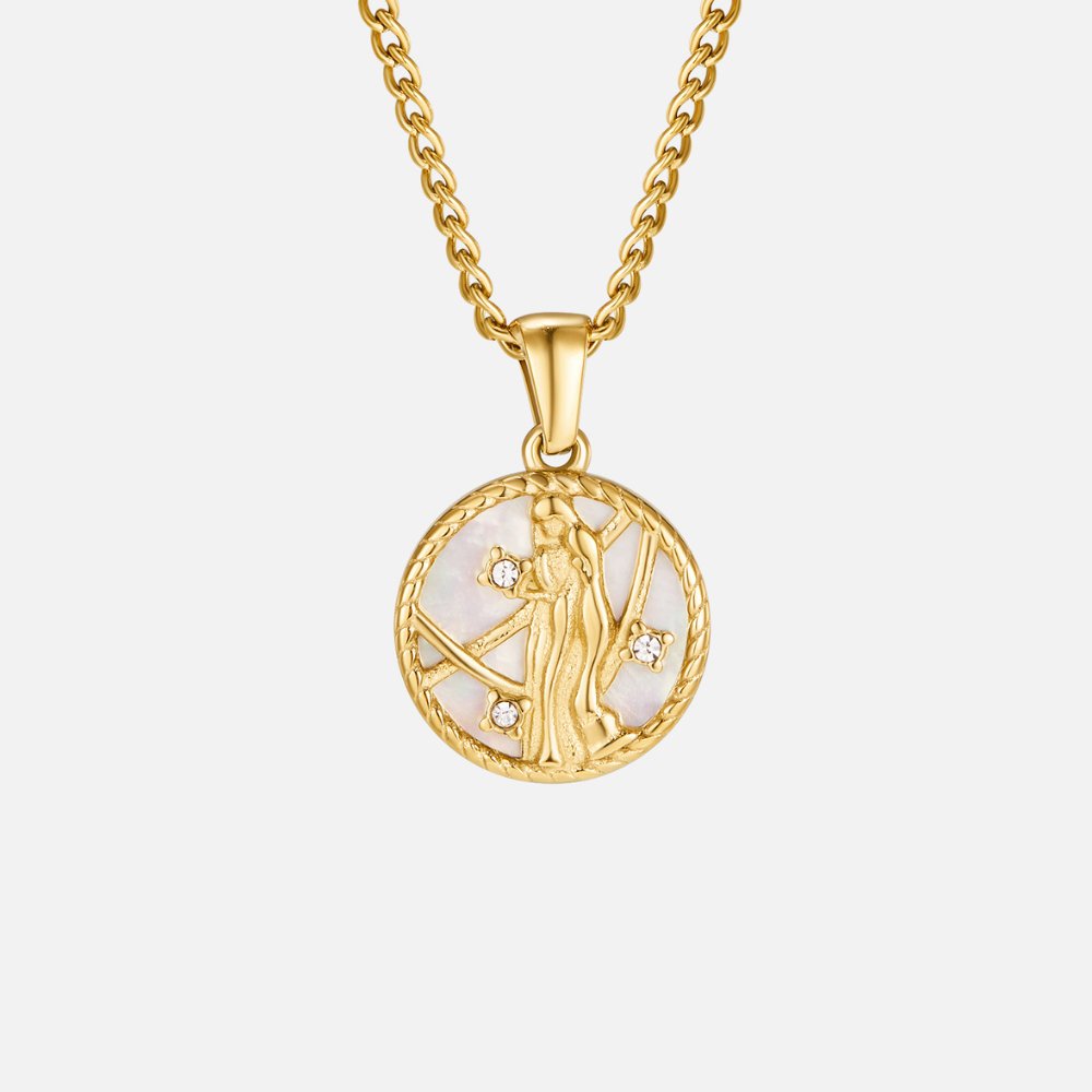 Grandinėlė su balta kriaukle ir zodiako moneta „Regina“